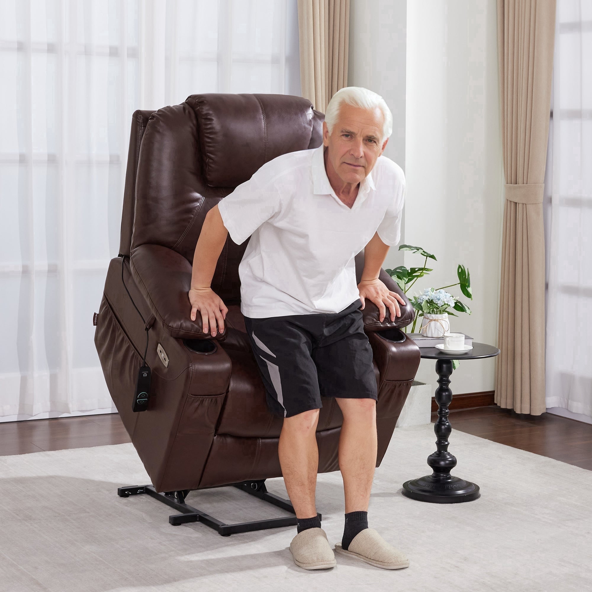 MCombo Electric Power Lift Recliner Chair with Vibration and Heat for Elderly, Faux Leather, Dark Brown