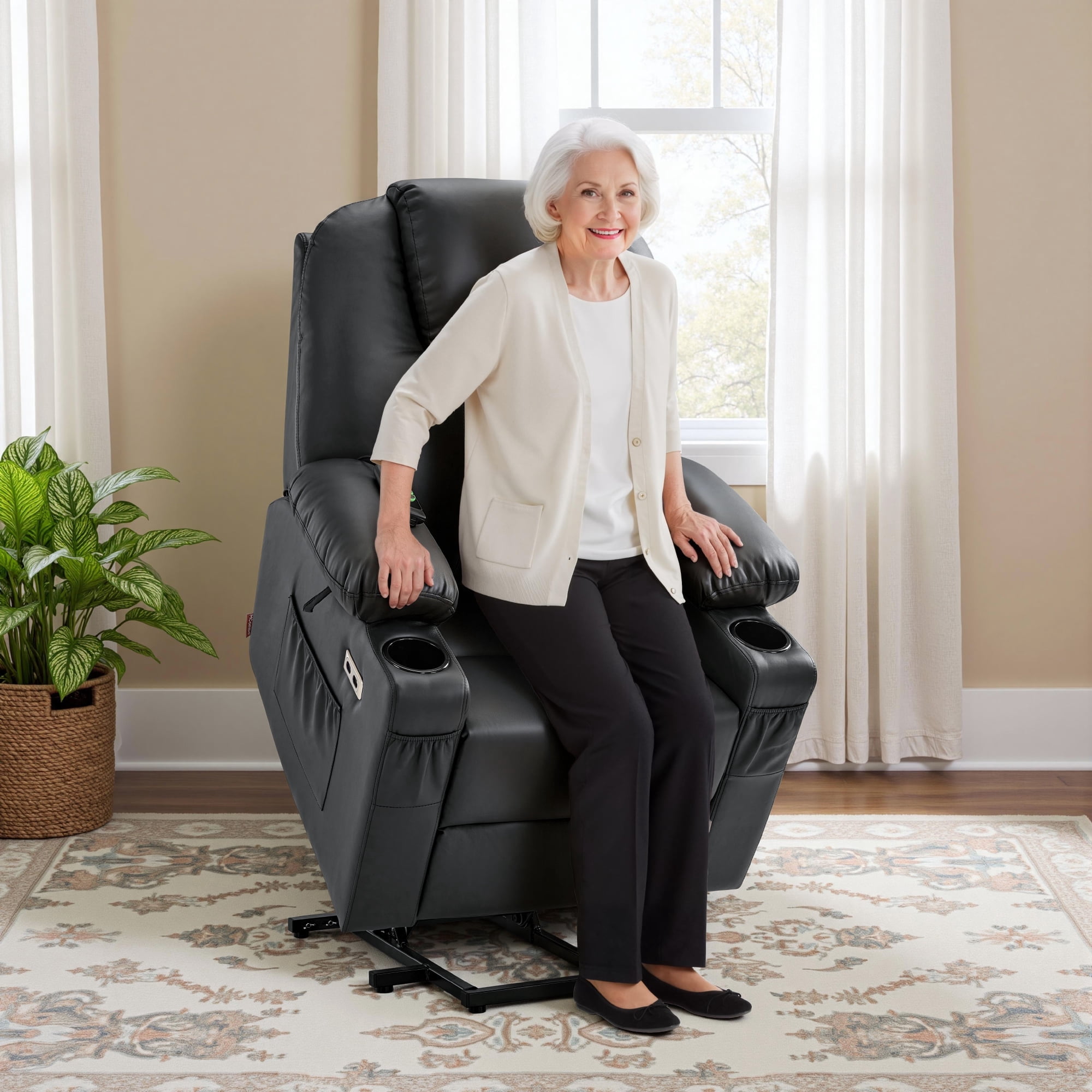 MCombo Electric Power Lift Recliner Chair Sofa with Massage and Heat for Elderly, 3 Positions, 2 Side Pockets, and Cup Holders, USB Ports, Faux Leather 7141 Black, Small