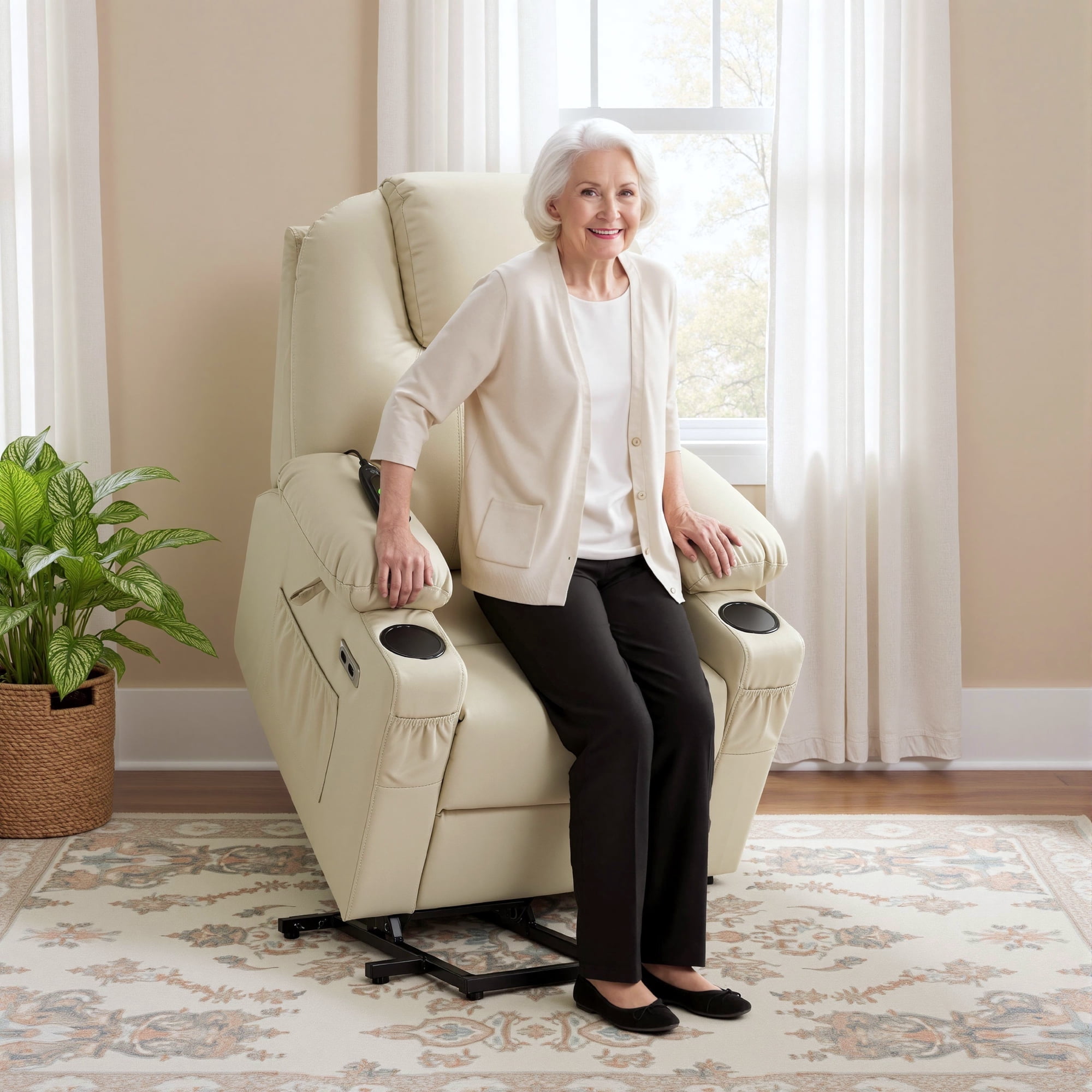 MCombo Electric Power Lift Recliner Chair Sofa with Massage and Heat for Elderly, 3 Positions, 2 Side Pockets, and Cup Holders, USB Ports, Faux Leather 7141 Cream White, Small