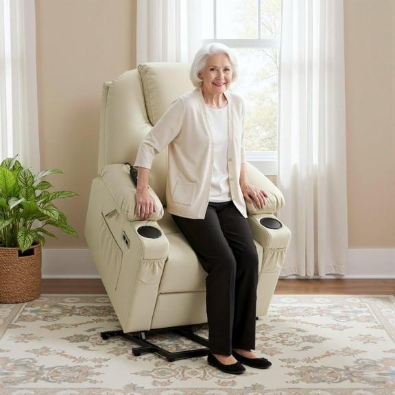 MCombo Electric Power Lift Recliner Chair Sofa with Massage and Heat for Elderly, 3 Positions, 2 Side Pockets, and Cup Holders, USB Ports, Faux Leather 7141 Cream White, Small