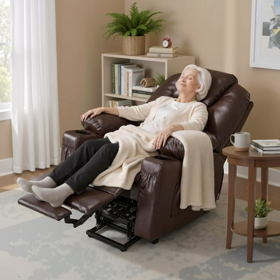 MCombo Electric Power Lift Recliner Chair Sofa with Massage and Heat for Elderly, 3 Positions, 2 Side Pockets, and Cup Holders, USB Ports, Faux Leather 7141 Dark Brown, Small