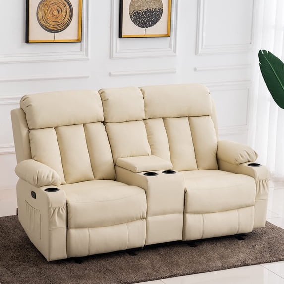 MCombo Electric Power Loveseat Recliner w/ Console and Massage, Faux Leather(Cream White) 6095