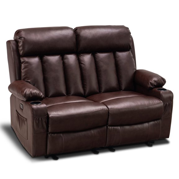 MCombo Electric Power Loveseat Recliner w/ Massage for Living Room Dark Brown Faux Leather 6075