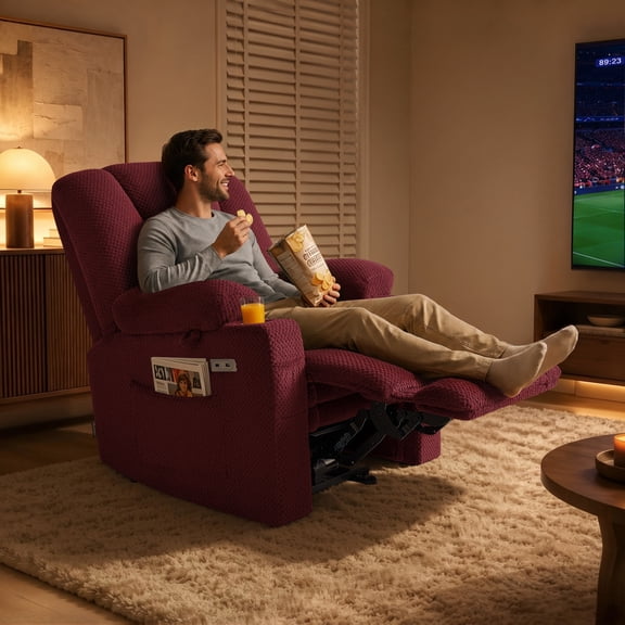 MCombo Electric Power Recliner Chair with Massage & Heat, Extended Footrest, USB Ports, 2 Side & Front Pockets, Cup Holders, Burgundy Red Plush Fabric 8015