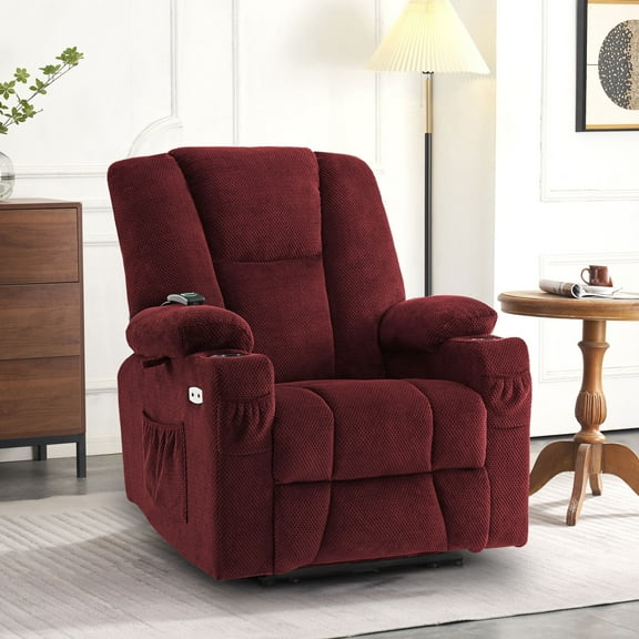 MCombo Electric Power Recliner Chair with Massage & Heat, Extended Footrest, USB Ports, 2 Side & Front Pockets, Cup Holders, Burgundy Red Plush Fabric 8015