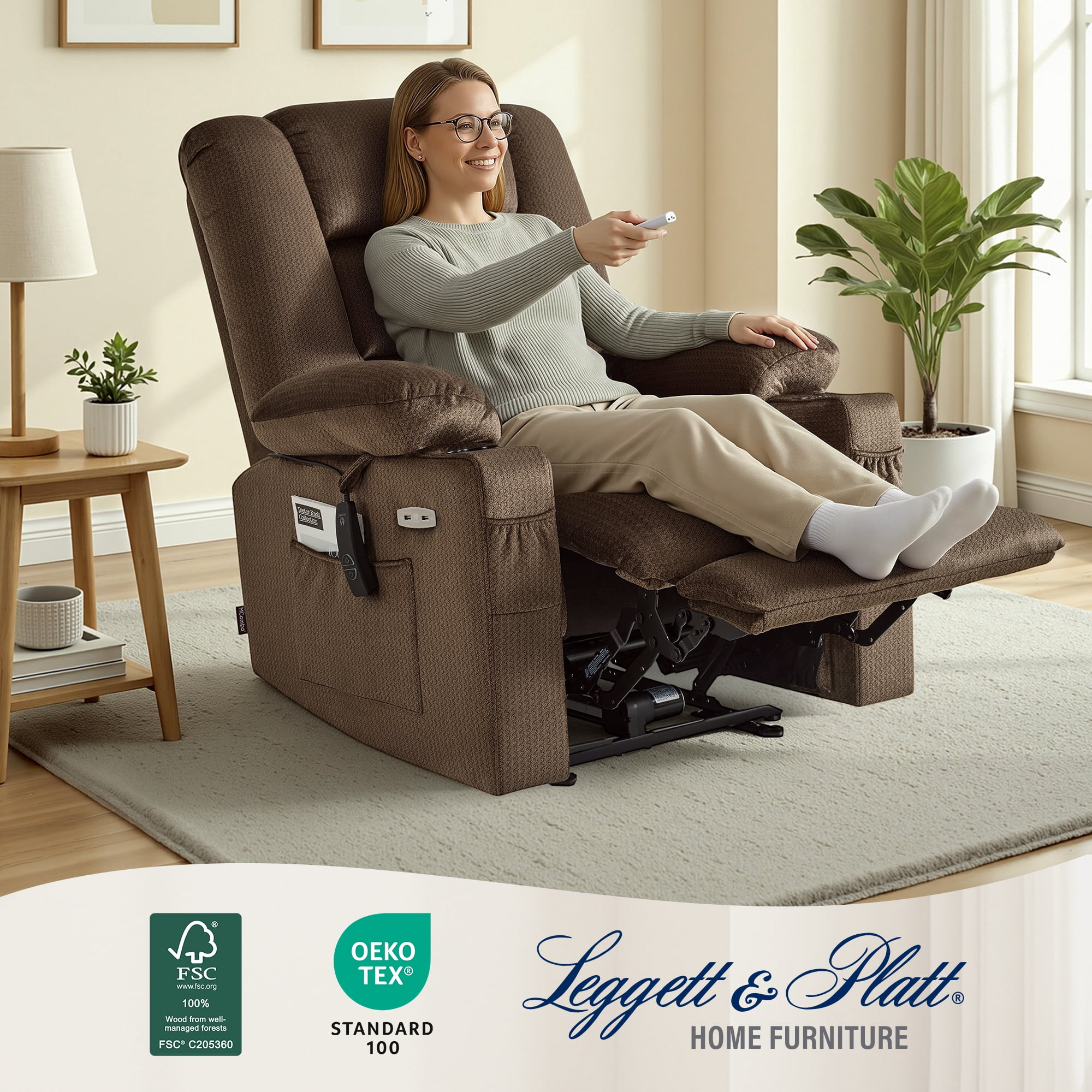 MCombo Electric Power Recliner Chair w/ Massage USB Cup Holders for Living Room Brown Fabric 6079