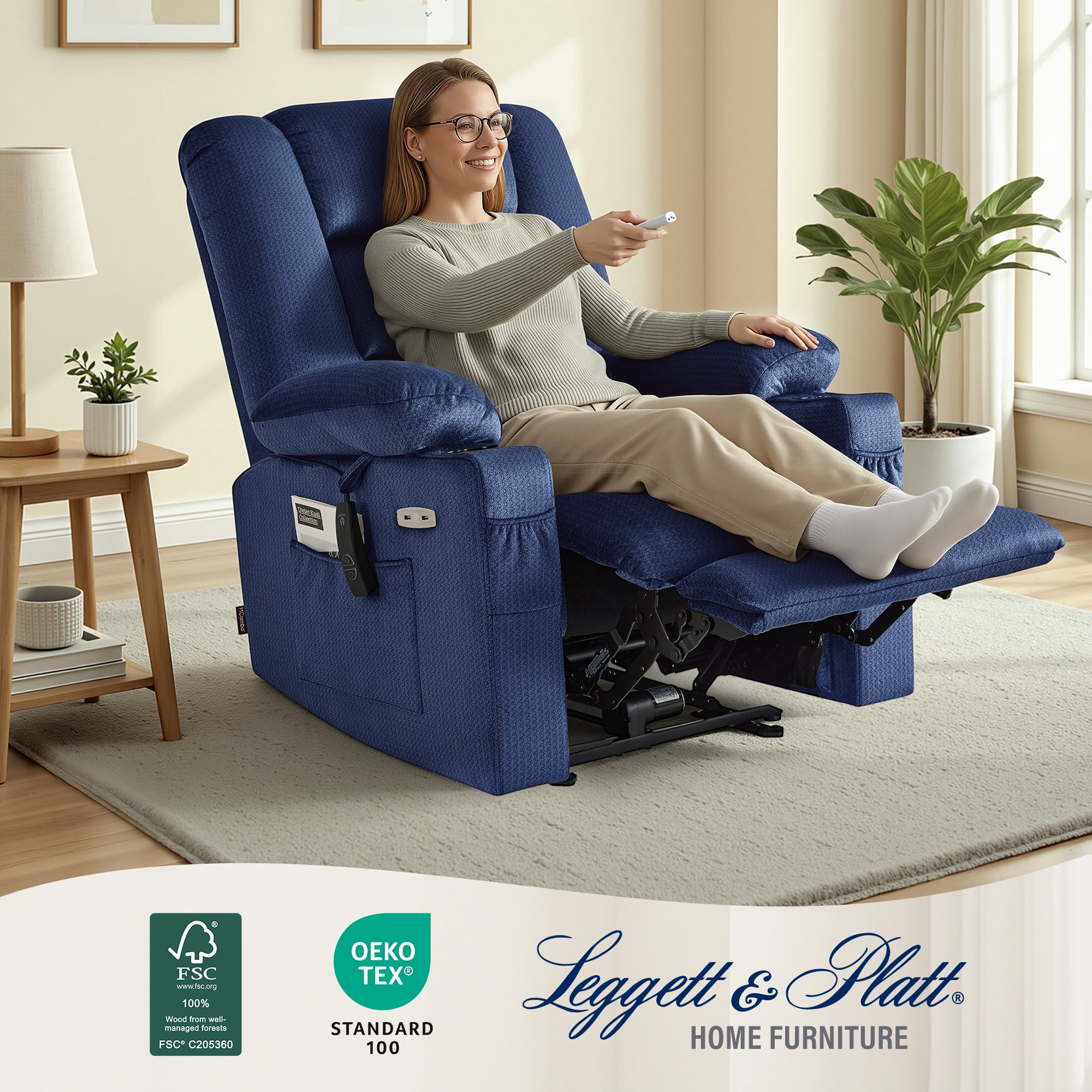 MCombo Electric Power Recliner Chair w/ Massage USB Cup Holders for Living Room Navy Blue Fabric 6079