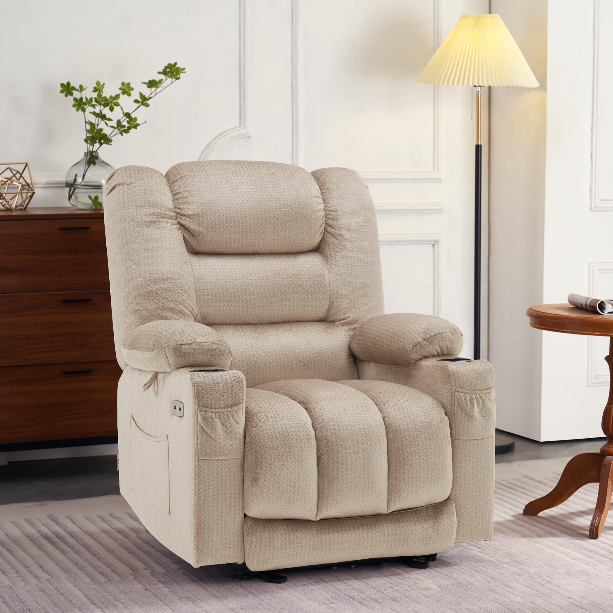 MCombo Electric Power Recliner Chair with Heat and Massage, USB Ports, Cup Holders, Reclining Chair for Living Room 670 (Beige)