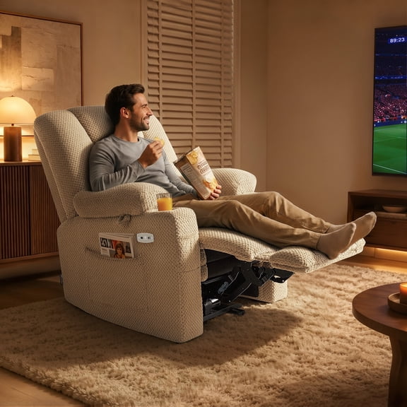 MCombo Electric Power Recliner Chair with Massage & Heat, Extended Footrest, USB Ports, 2 Side & Front Pockets, Cup Holders, Beige Plush Fabric 8015