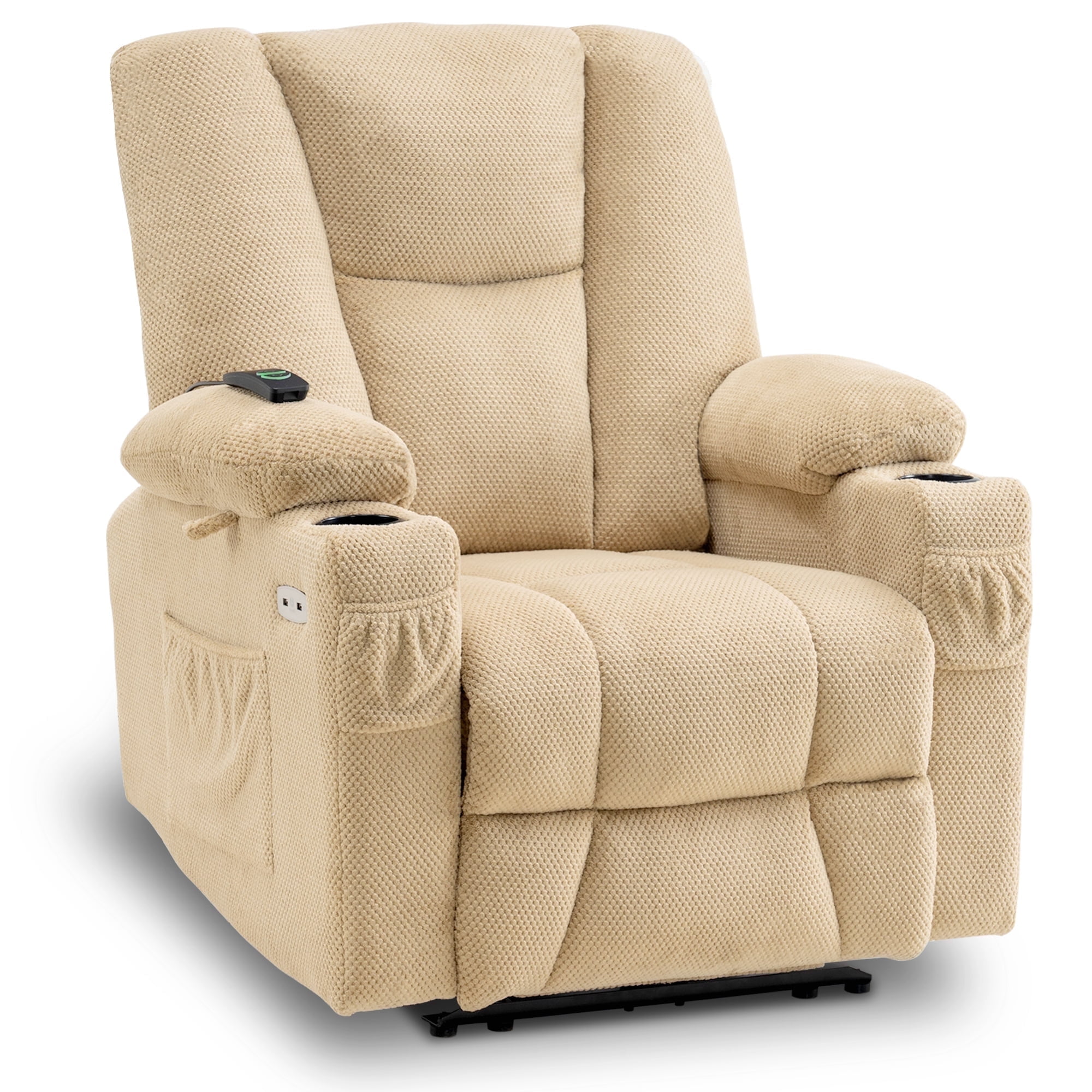 MCombo Electric Power Recliner Chair with Massage & Heat, Extended Footrest, USB Ports, 2 Side & Front Pockets, Cup Holders, Beige Plush Fabric 8015