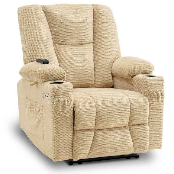 MCombo Electric Power Recliner Chair with Massage & Heat, Extended Footrest, USB Ports, 2 Side & Front Pockets, Cup Holders, Beige Plush Fabric 8015