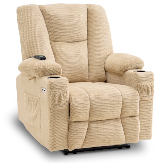 MCombo Electric Power Recliner Chair with Massage & Heat, Extended Footrest, USB Ports, 2 Side & Front Pockets, Cup Holders, Beige Plush Fabric 8015