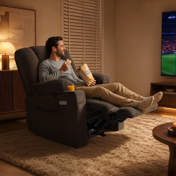 MCombo Electric Power Recliner Chair with Massage & Heat, Extended Footrest, USB Ports, 2 Side & Front Pockets, Cup Holders, Brown Plush Fabric 8015