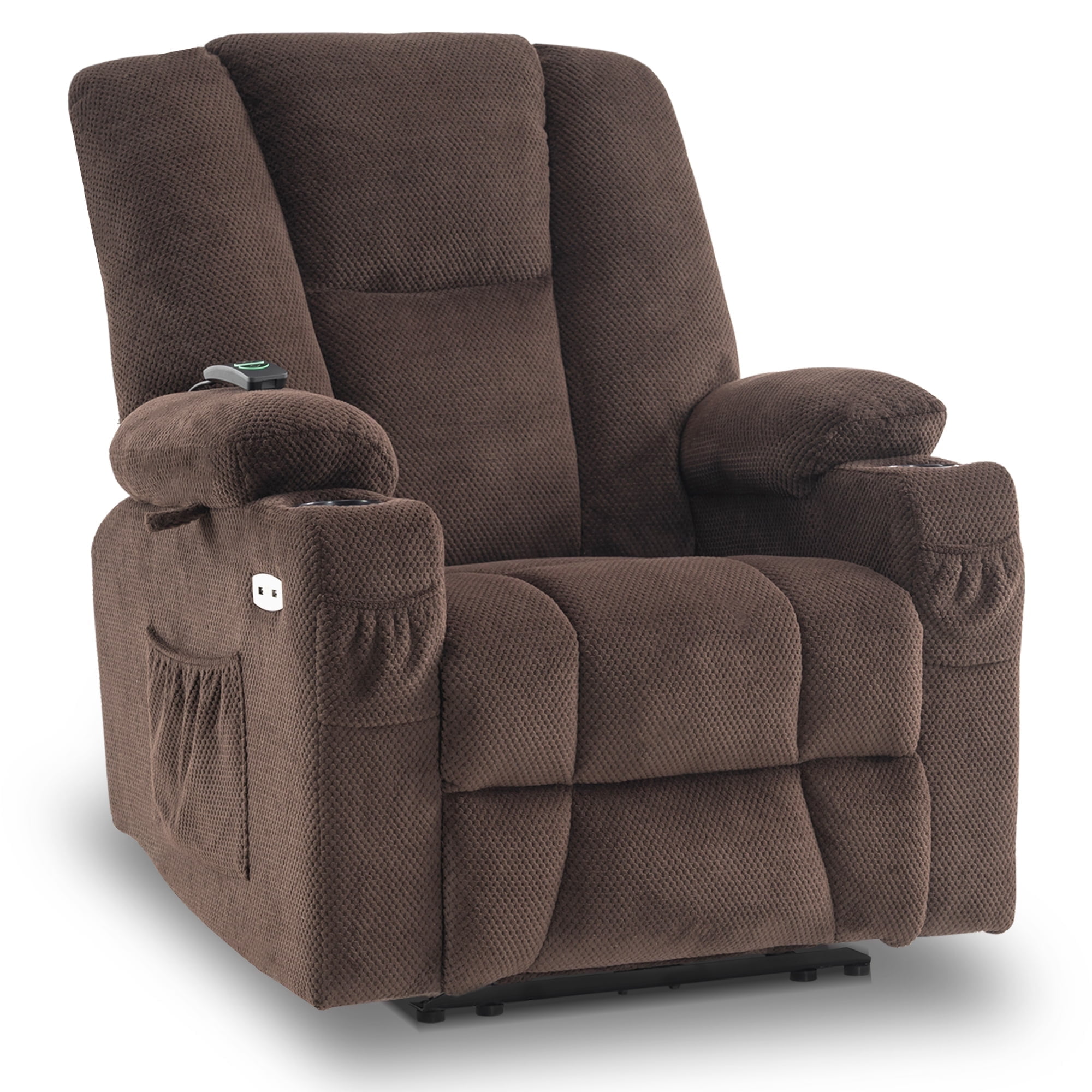 MCombo Electric Power Recliner Chair with Massage & Heat, Extended Footrest, USB Ports, 2 Side & Front Pockets, Cup Holders, Brown Plush Fabric 8015