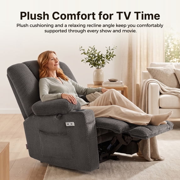MCombo Electric Power Recliner Chair with Massage & Heat, Extended Footrest, USB Ports, 2 Side & Front Pockets, Cup Holders, Grey Plush Fabric 8015