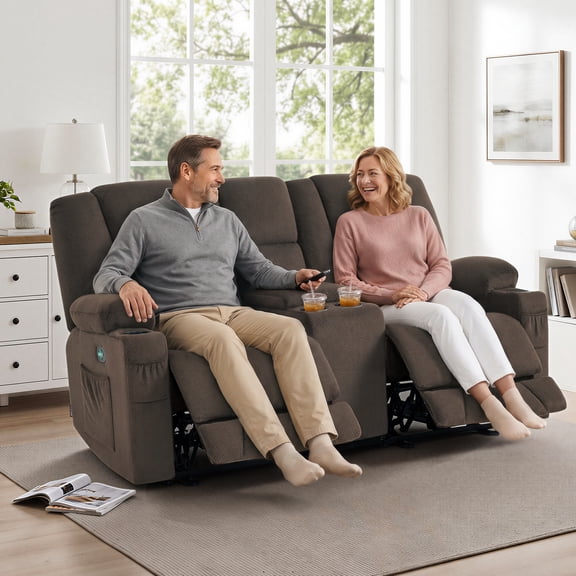 MCombo Fabric Electric Power Loveseat Recliner w/ Console Massage Cup Holders USB for Living Room Brown 6045