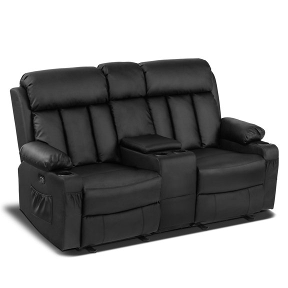 MCombo Faux Leather Power Loveseat Recliner w/ Console and Massage for Living Room Black Faux Leather 6095