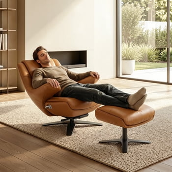 MCombo Genuine Leather 360°Swivel Recliner Chair with Ottoman, Adjustable backrest Accent Chair with Ottoman for Living Room, Tawny