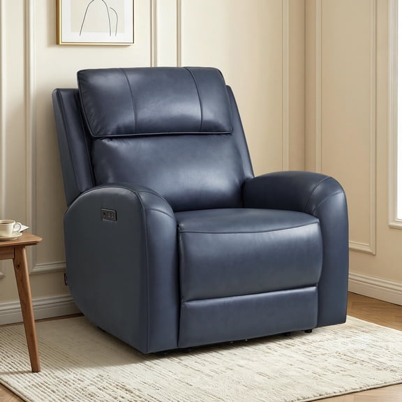 MCombo Genuine Leather Zero Wall Hugger Power Recliner Chair for Small Spaces, Living Room & RV, Navy