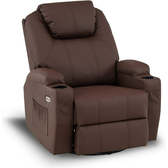 MCombo Glider Rocker Recliner Chair with Massage, Heat and Cup Holders, Faux Leather, Brown