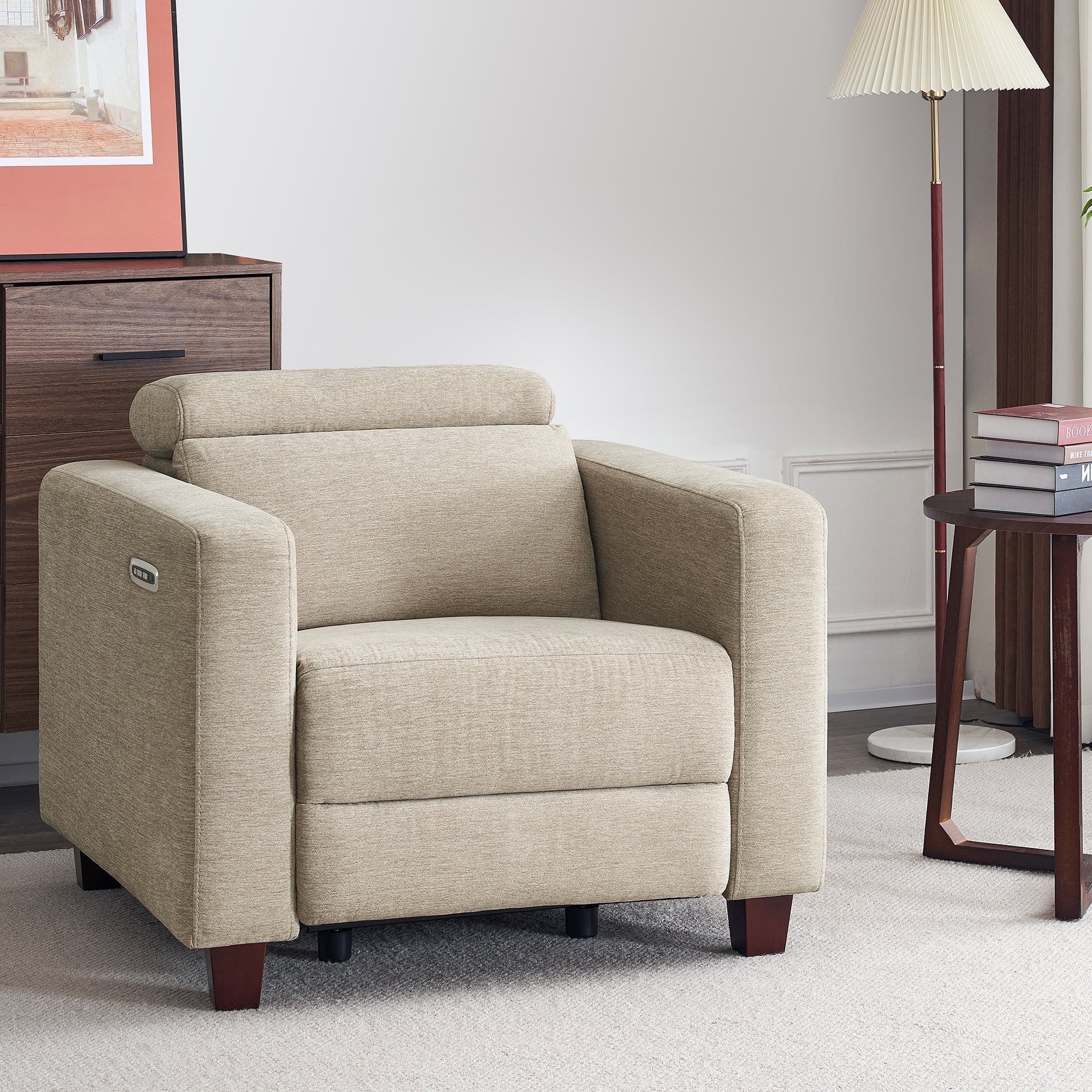 MCombo High Leg Power Recliner Chair with Adjustable Headrest and USB A/C Charge Ports for Living Room, Office, and Small Spaces (Fabric HL128, Beige)