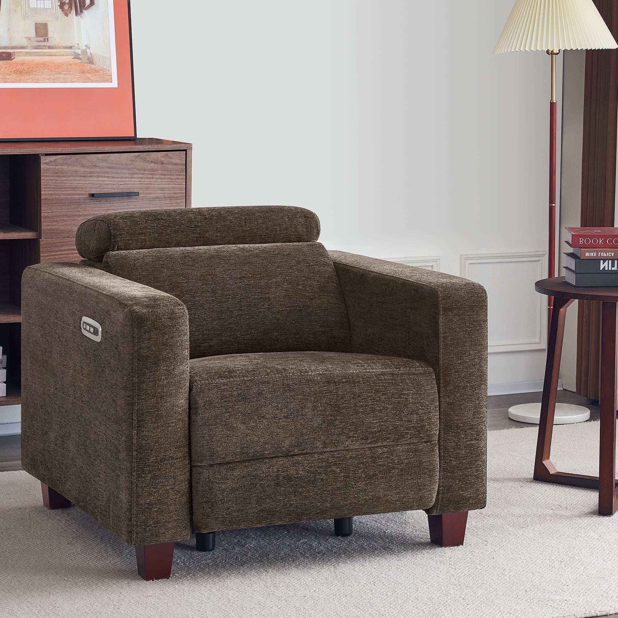 MCombo High Leg Power Recliner Chair with Adjustable Headrest and USB A/C Charge Ports for Living Room, Office, and Small Spaces (Fabric HL128, Coffee)