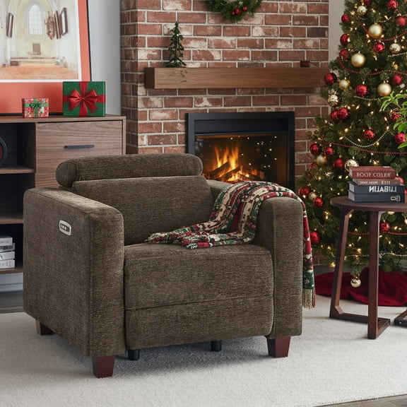 MCombo High Leg Power Recliner Chair with Adjustable Headrest and USB A/C Charge Ports for Living Room, Office, and Small Spaces (Fabric HL128, Coffee)