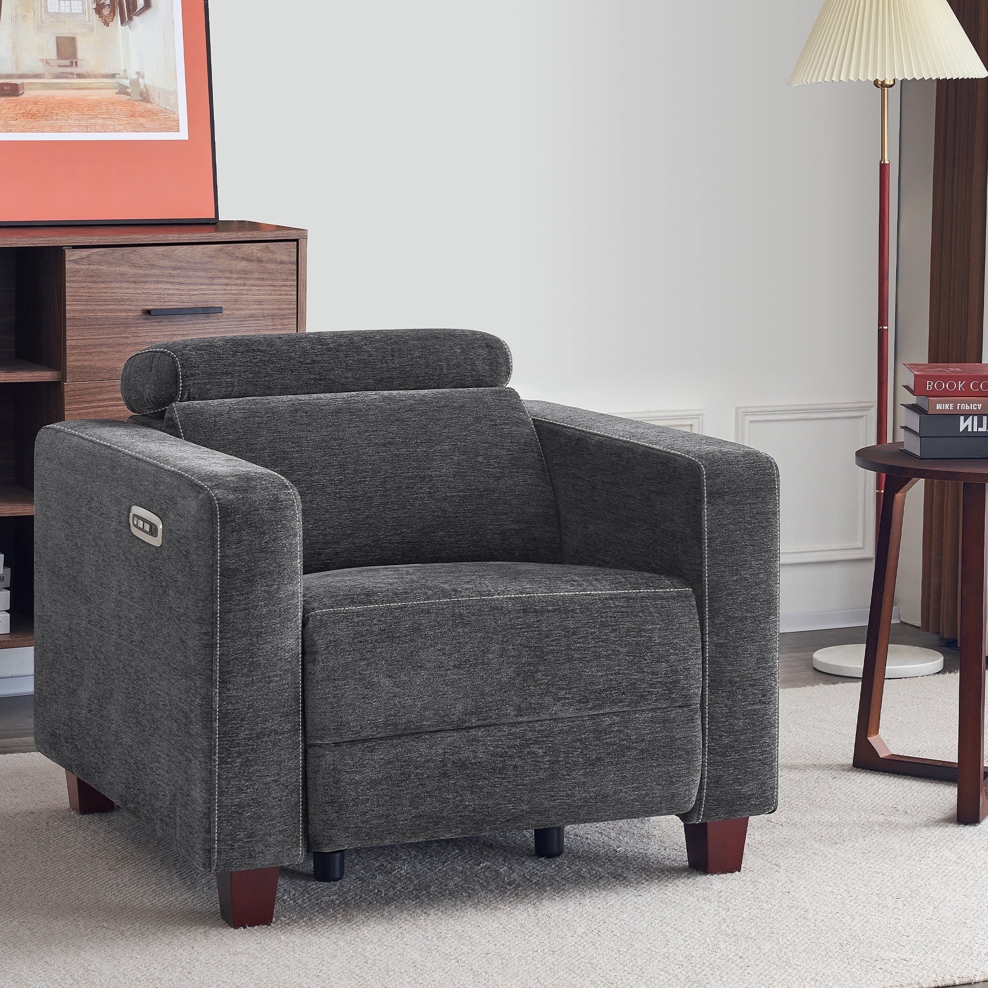 MCombo High Leg Power Recliner Chair with Adjustable Headrest and USB A/C Charge Ports for Living Room, Office, and Small Spaces (Fabric HL128, Dark Grey)