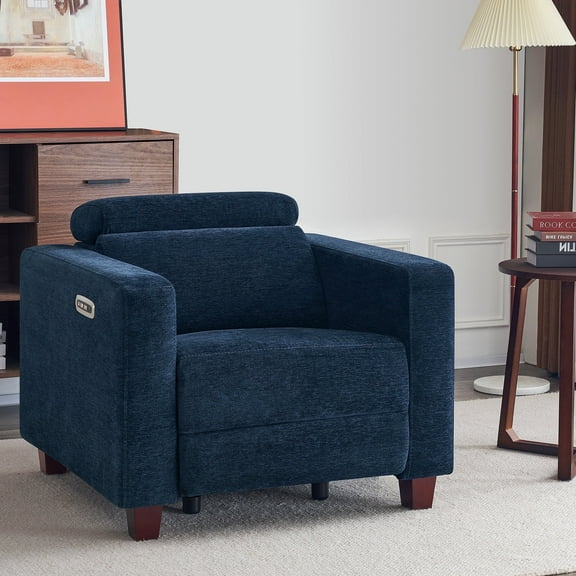 MCombo High Leg Power Recliner Chair with Adjustable Headrest and USB A/C Charge Ports for Living Room, Office, and Small Spaces (Fabric HL128, Navy Blue)