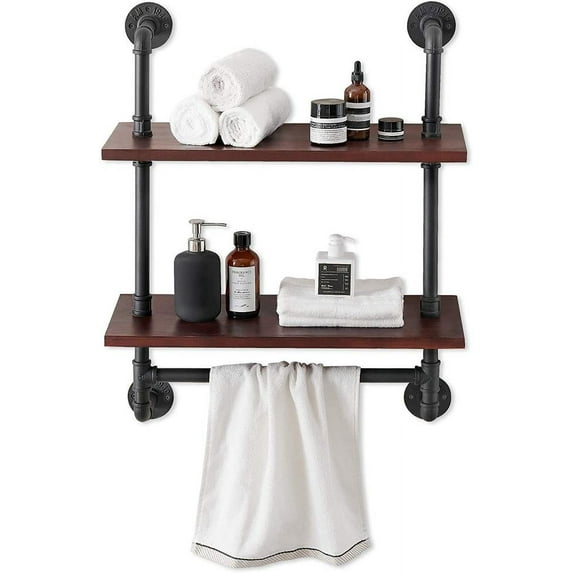 MCombo Industrial Pipe Bathroom Wall Mounted Shelf, Solid Wood 2-tier brown 24'' x 9.84'' x 30''