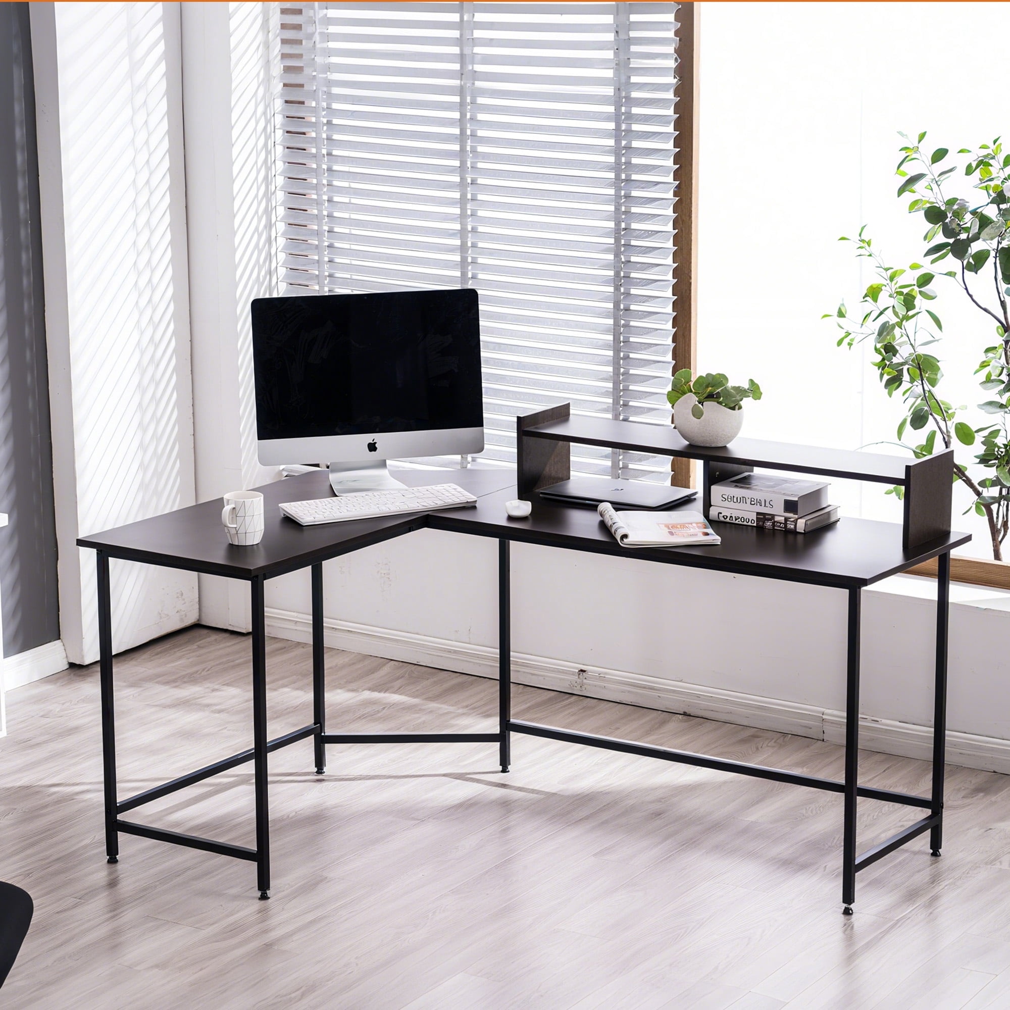 MCombo 62" L Shaped Computer Desk with Storage Hutch, Large Home Office Desk with Monitor Stand, Corner Desk for Living Room Bedroom, Dark Brown