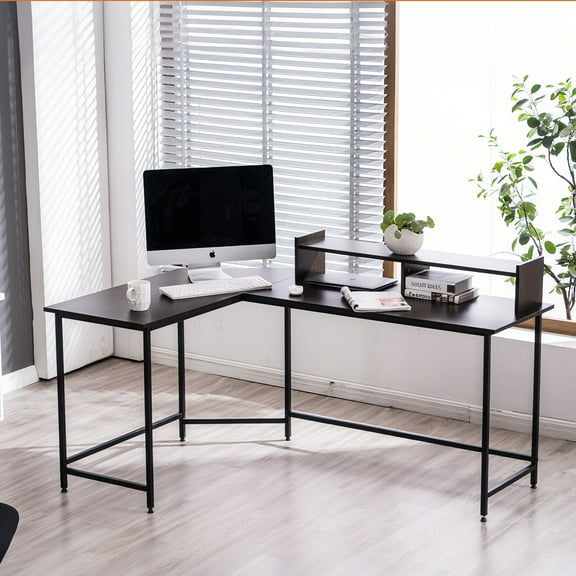 MCombo 62" L Shaped Computer Desk with Storage Hutch, Large Home Office Desk with Monitor Stand, Corner Desk for Living Room Bedroom, Dark Brown