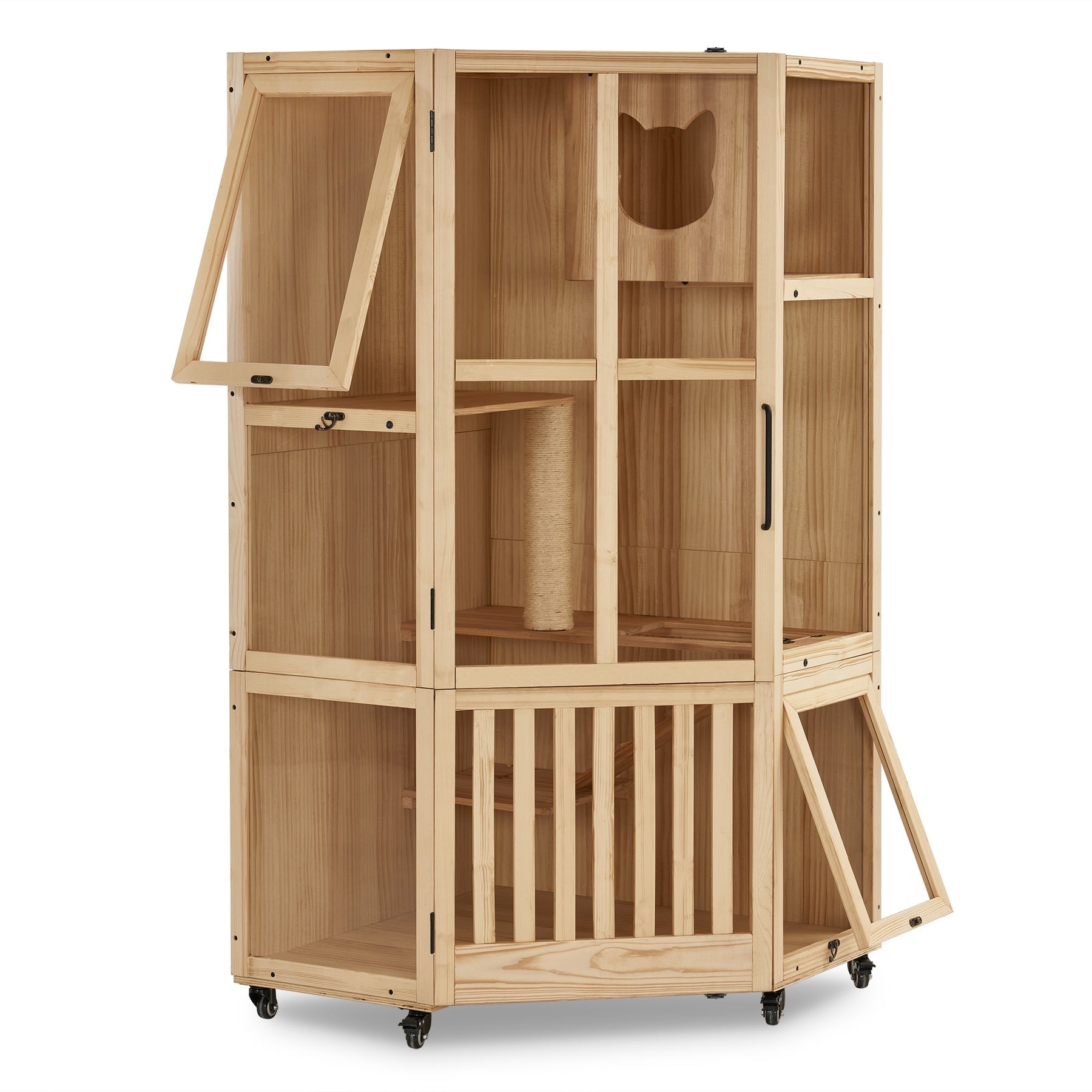 MCombo Large Corner Cat House Villa, Wooden Indoor Cat Enclosure CT96 (31.5”x31.5”x62”)