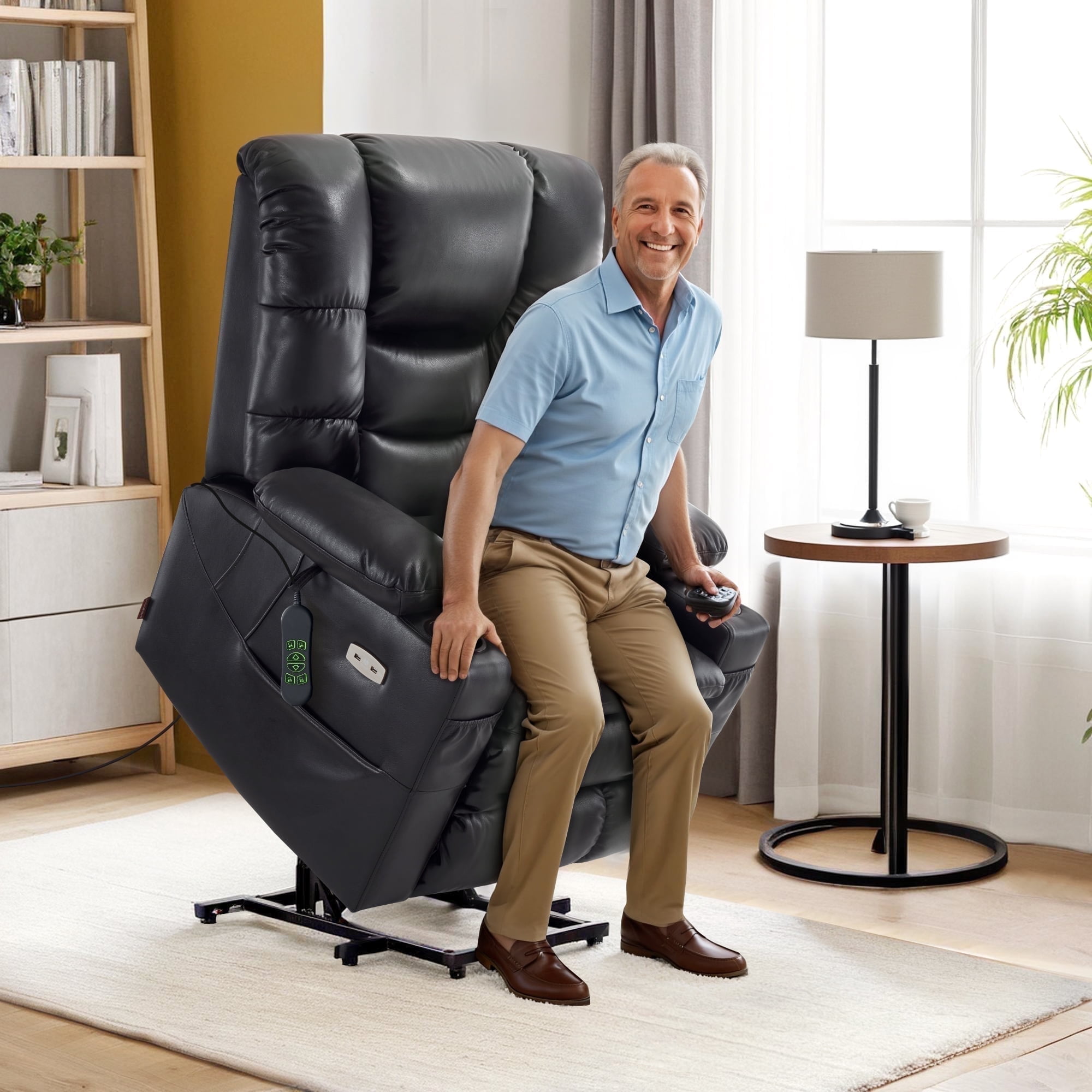 MCombo Large Triple Motor Power Lift Recliner Chair for Tall Elderly, Faux Leather, Black