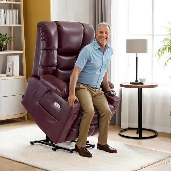 MCombo Large Triple Motor Power Lift Recliner Chair for Tall Elderly, Faux Leather, Wine