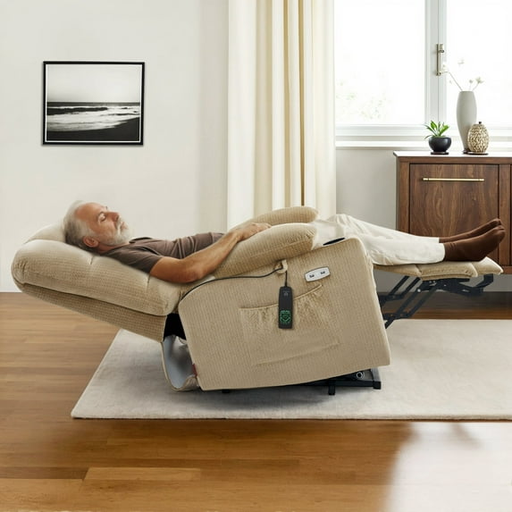 MCombo Large Dual Motor Power Lift Recliner Chair with Massage and Heat for Elderly Big and Tall People, Infinite Position, Home Button, Fabric 7680 (Beige, Large)