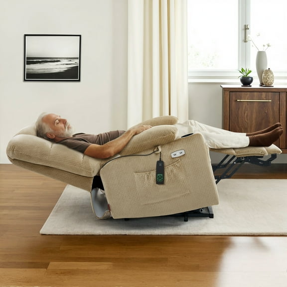 MCombo Large Dual Motor Power Lift Recliner Chair with Massage and Heat for Elderly Big and Tall People, Infinite Position, Home Button, Fabric 7680 (Beige, Large)