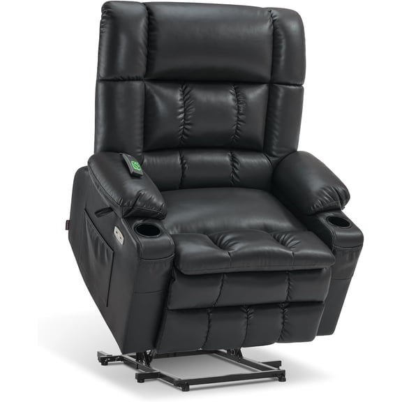 MCombo Large Dual Motor Power Lift Recliner Chair Sofa with Massage and Heat for Big Elderly People, Infinite Position, USB Ports, Faux Leather R7891 (Black, Large-Wide)