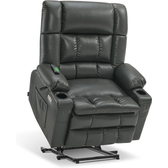 MCombo Large Dual Motor Power Lift Recliner Chair Sofa with Massage and Heat for Big Elderly People, Infinite Position, USB Ports, Faux Leather R7891 (Grey, Large-Wide)