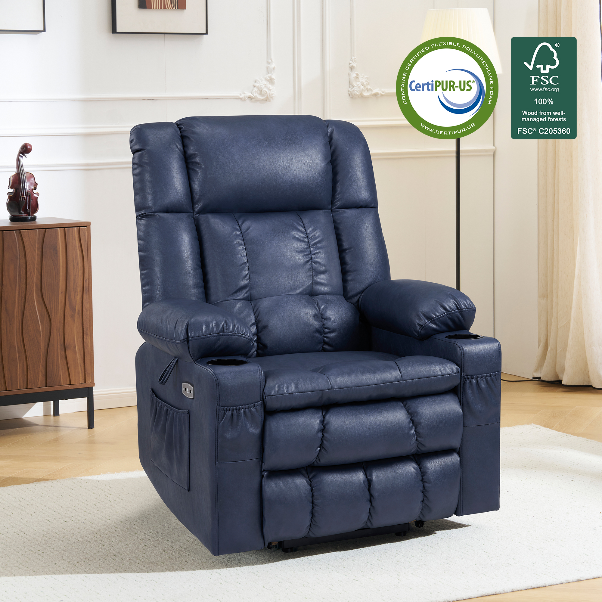 MCombo Large Lay Flat Dual Motor Power Lift Recliner for Big and Tall Elderly, Faux Leather(Blue)