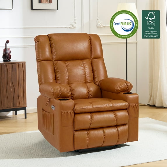 MCombo Large Lay Flat Dual Motor Power Lift Recliner for Big and Tall Elderly, Faux Leather(Tawny)
