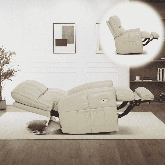 MCombo Large Lay Flat Dual Motor Power Recliner Chair, Infinite Position Sleep Recliner for Living Room, Faux Leather, Cream White