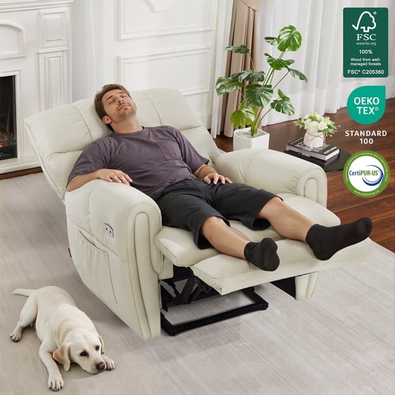 MCombo Large Dual Motor Power Recliner Chair for Tall Person, Infinite Position Sleep Recliner for Living Room, Faux Leather, Cream White