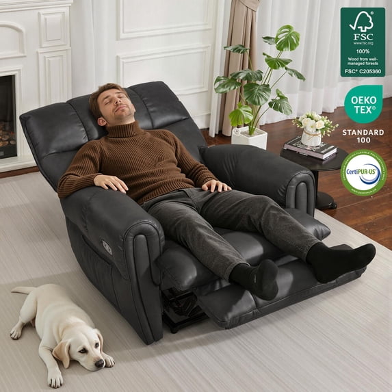 MCombo Large Dual Motor Power Recliner Chair for Tall Person, Infinite Position Sleep Recliner for Living Room, Faux Leather, Dark Grey