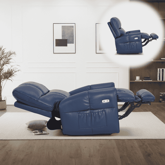 MCombo Large Lay Flat Dual Motor Power Recliner Chair, Infinite Position Sleep Recliner for Living Room, Faux Leather, Navy Blue