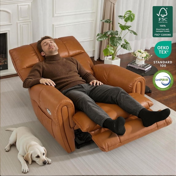 MCombo Large Lay Flat Dual Motor Power Recliner Chair, Infinite Position Sleep Recliner for Living Room, Faux Leather, Saddle Brown