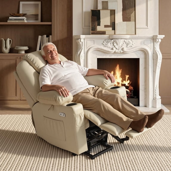 MCombo Large Power Lift Recliner Chair with Massage and Heat for Elderly Big and Tall People, 3 Positions, 2 Side Pockets, and Cup Holders, USB Ports, Faux Leather 7516 Cream White