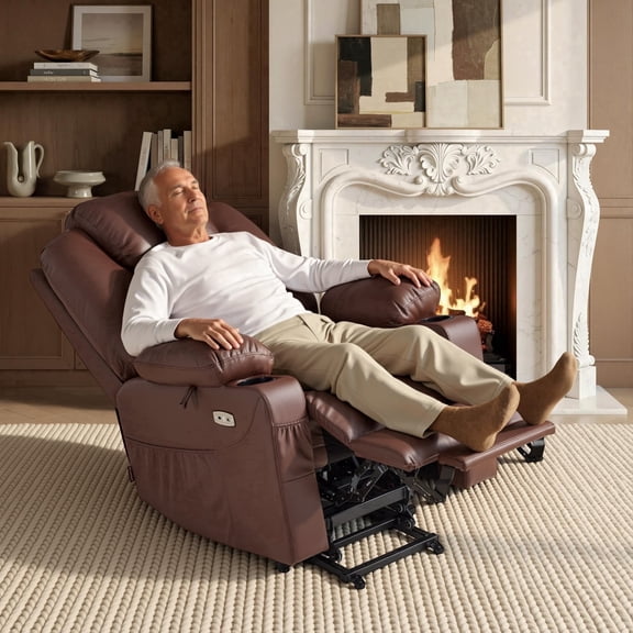 MCombo Large Power Lift Recliner Chair with Massage and Heat for Big and Tall Elderly, Faux Leather, Light Brown