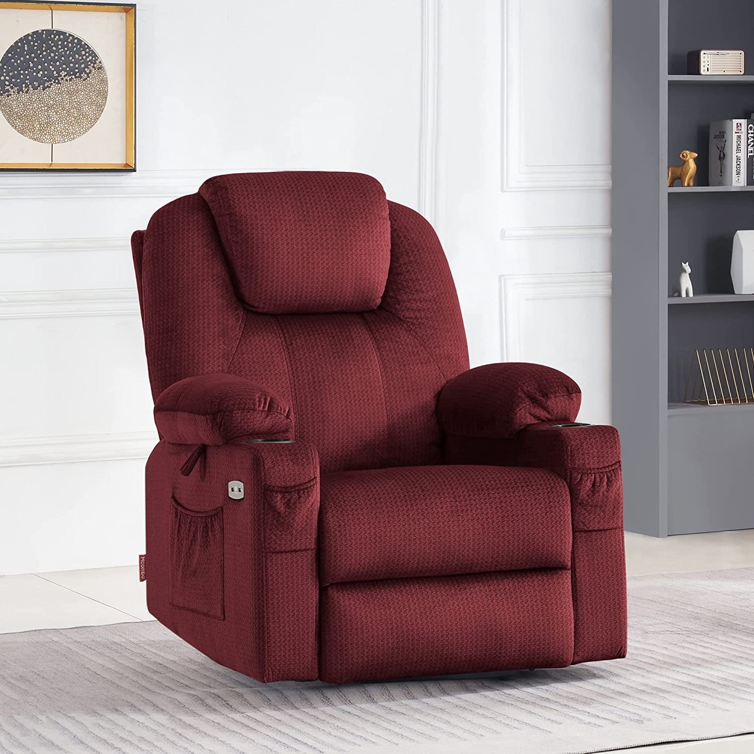 MCombo Large Power Lift Recliner Chair Sofa with Massage and Heat for Big and Tall Elderly People, 3 Positions, Cup Holders, and USB Ports, Extended Footrest, Fabric 7516(Large,Carmine Red)