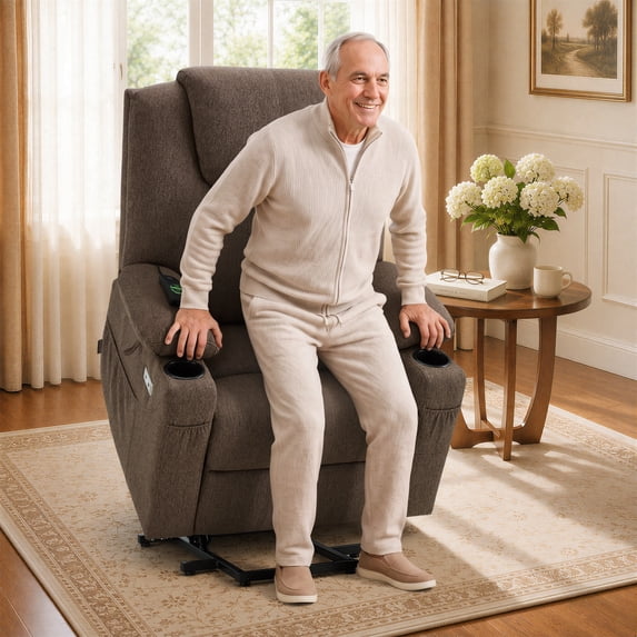 MCombo Large Power Lift Recliner Chair Sofa with Massage and Heat for Big and Tall Elderly People, 3 Positions, Cup Holders, and USB Ports, Extended Footrest, Fabric 7516(Large, Coffee)